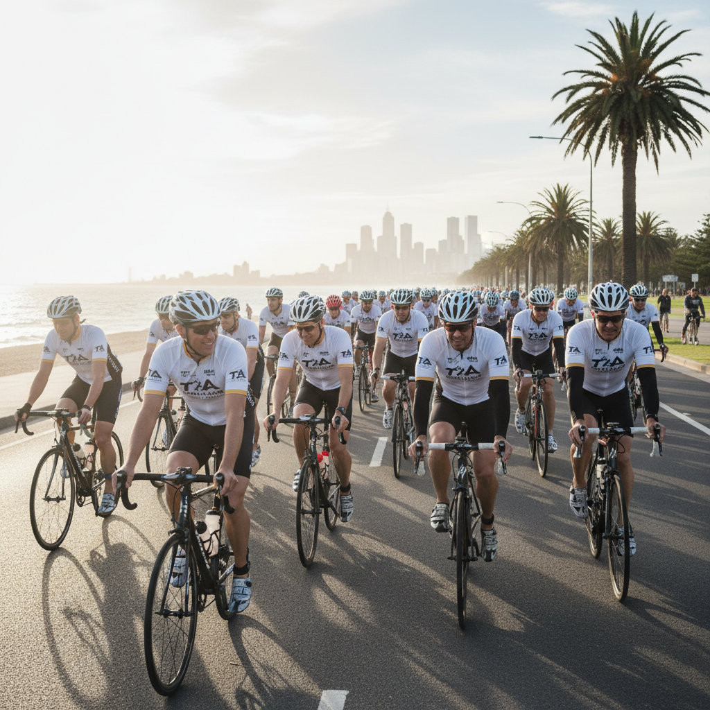 Tri Alliance cyclists riding together along Melbourne's coast