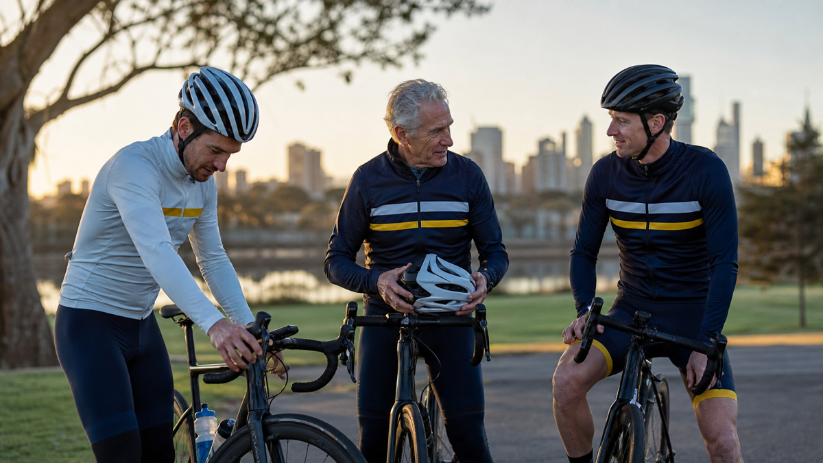 Three triathletes preparing their bikes together before a training ride