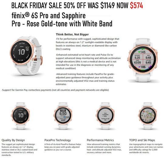 black-friday-garmin-fenix-6s-pro-premium-multisport-gps-smartwatch-rose-gold-with-white-band