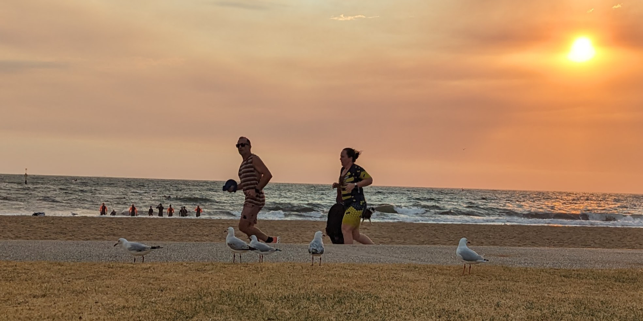 Tri Alliance athletes training together during a summer combo session at Elwood Beach