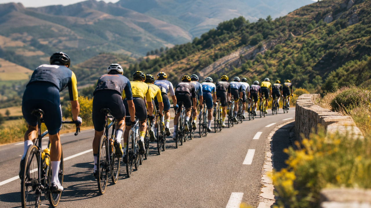 A professional cycling peloton climbing through the French mountains
